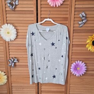 Sunday Gray Star Print V-Neck Long Sleeve Top